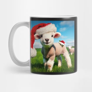 lamb in the grassy meadow wearing santa hat at christmas Mug